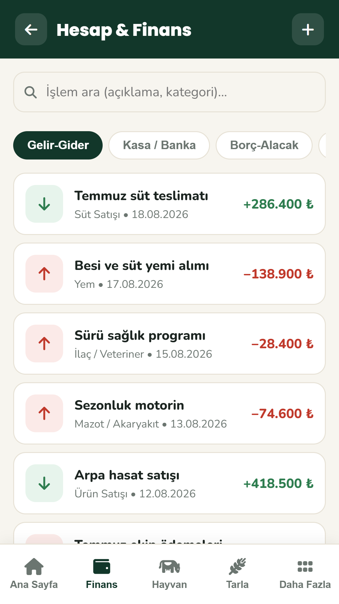 Bereket Hesap tarla ekranı