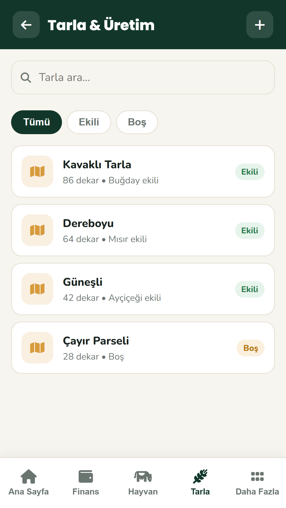 Bereket Hesap tarlalar ekranı
