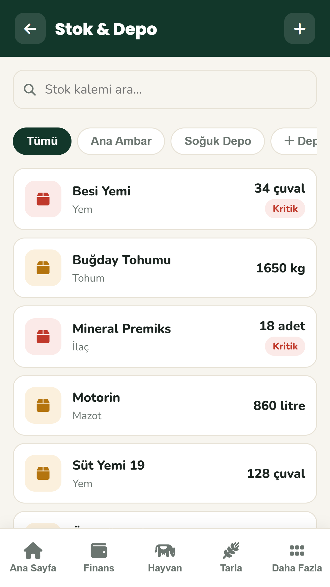 Bereket Hesap stok ekranı