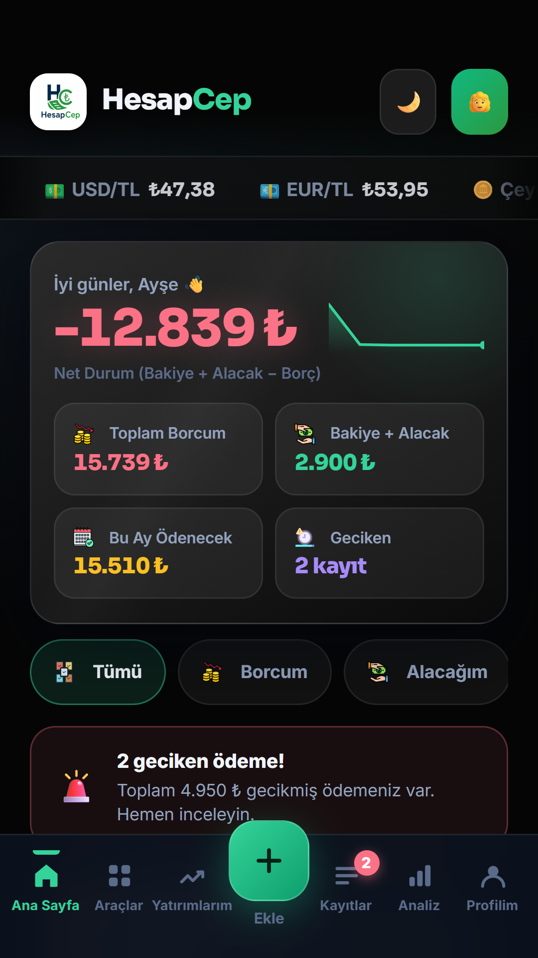HesapCep ana ekranı