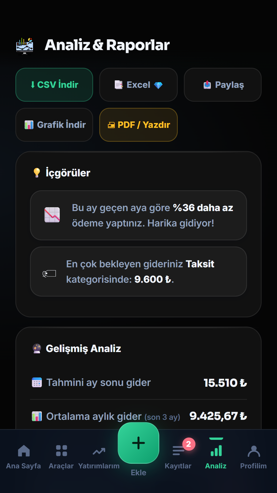 HesapCep araçlar ekranı