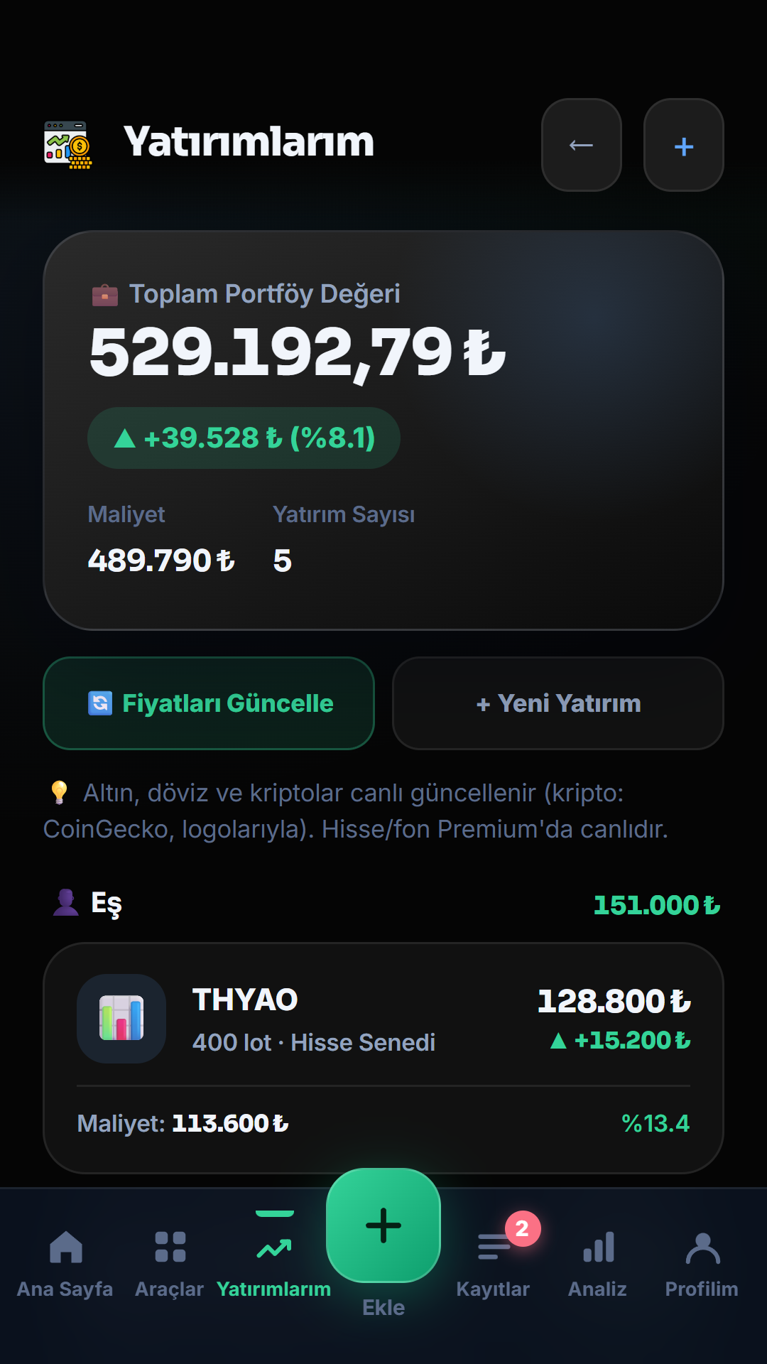HesapCep yatırımlar ekranı