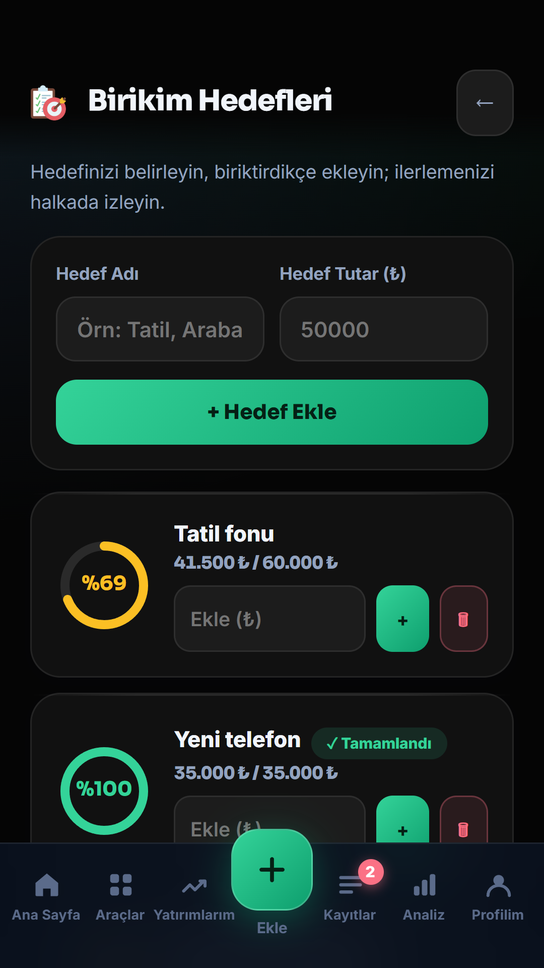 HesapCep hedefler ekranı