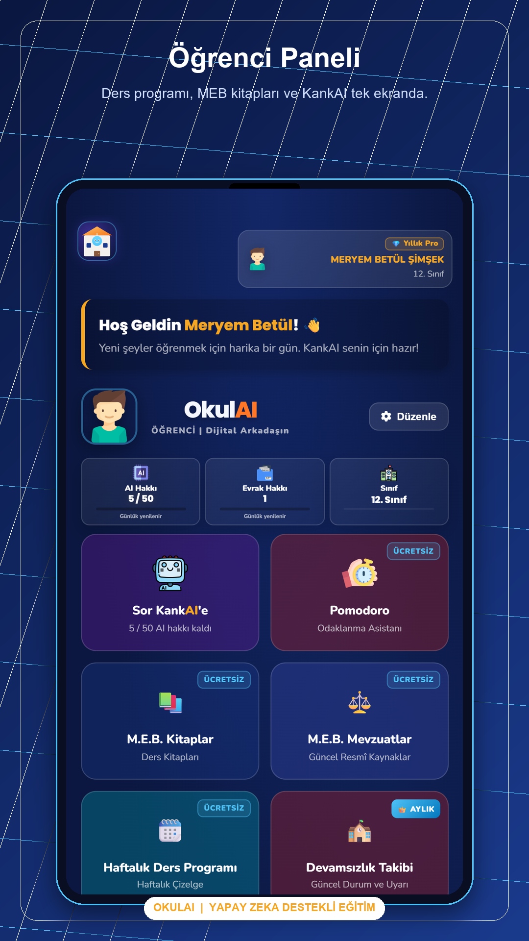 OkulAI öğrenci ana ekranı