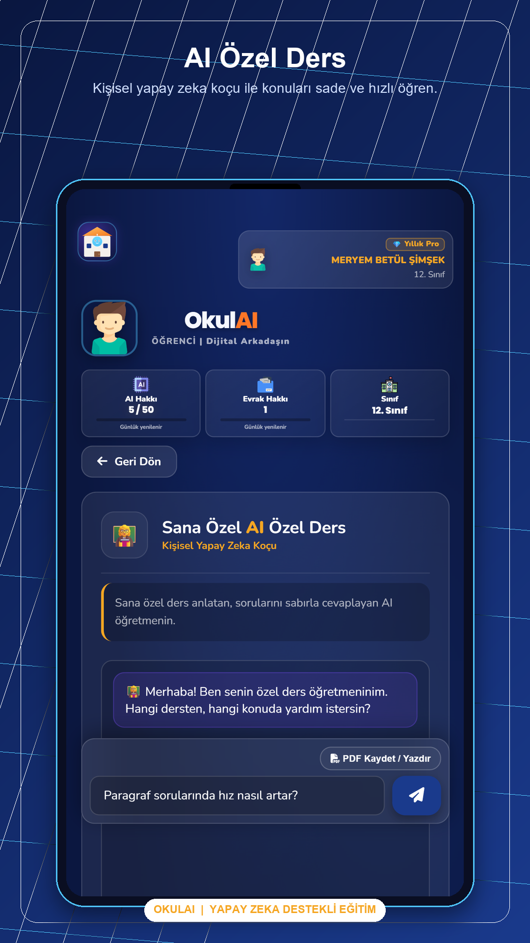 OkulAI özel öğretmen ekranı