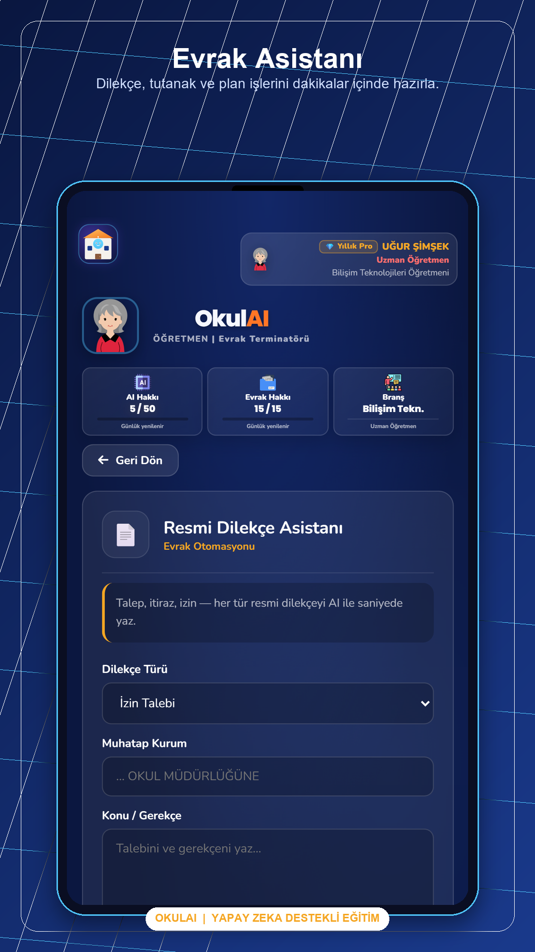 OkulAI belge üretim ekranı